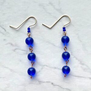 Indigo Blue Round Glass Bead Dangle Drop Earrings
